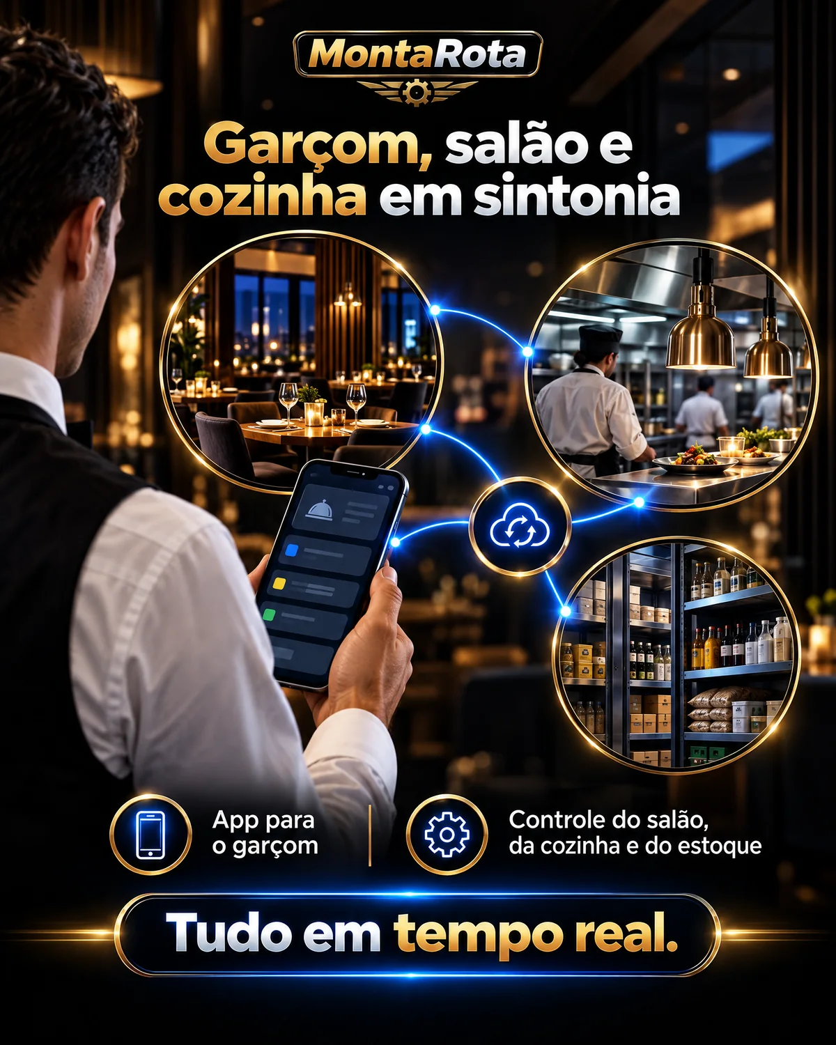 App do garçom conectado ao salão, cozinha e estoque