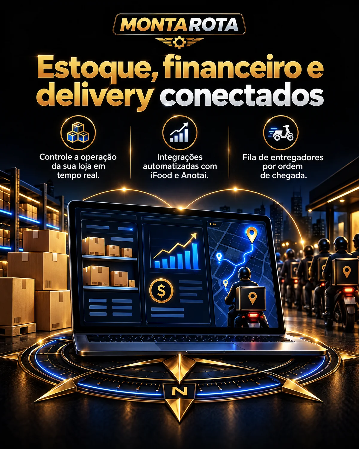 Painel MontaRota com estoque, financeiro e delivery conectados