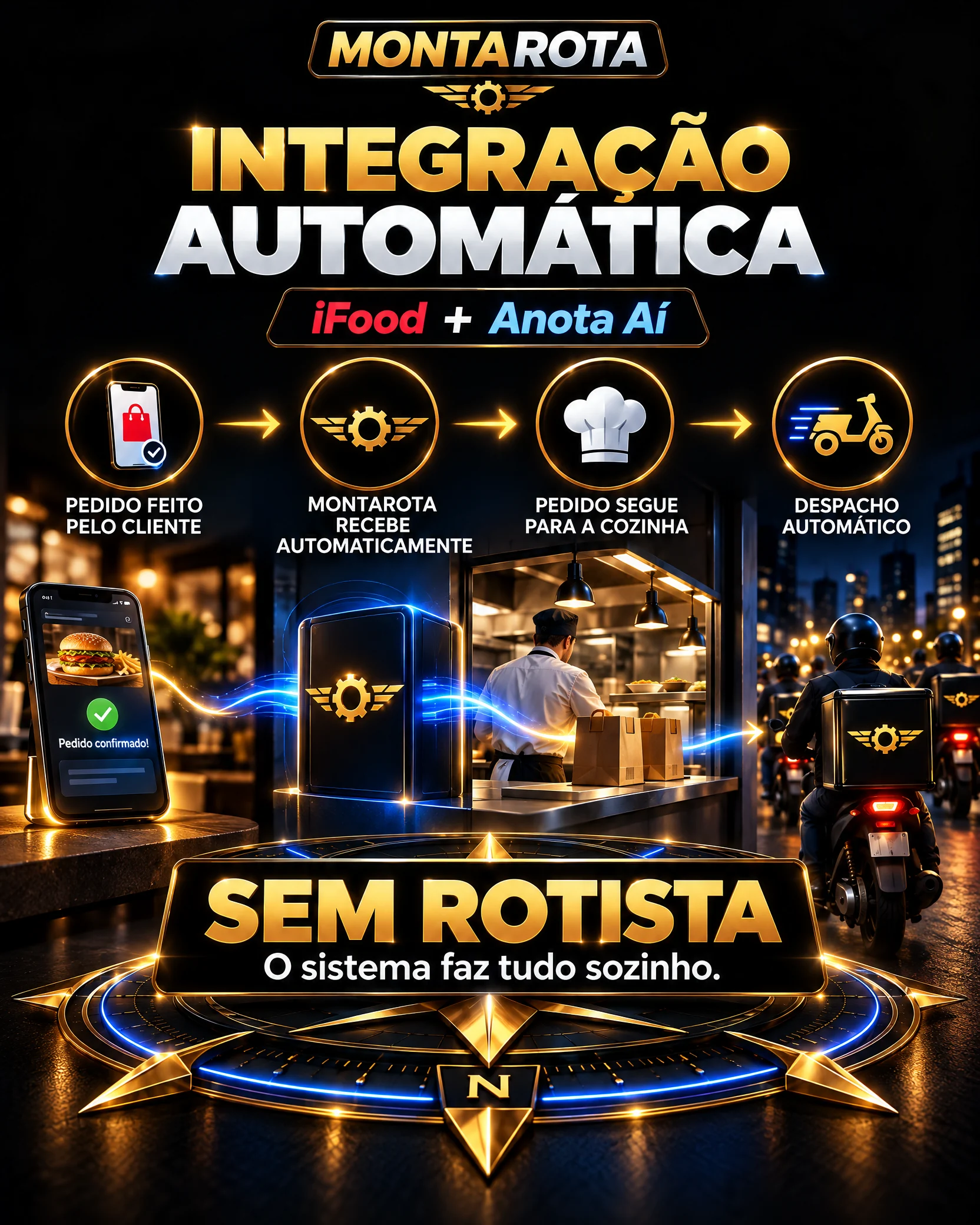 Integração automática do iFood e Anota Aí: pedido recebido pela MontaRota, enviado à cozinha e despachado